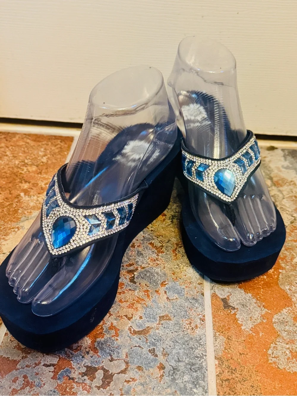 NWOB! Yellow Box Embellished Blue Gem and Rhinestone Platform Thong Sandals! - Picture 3 of 15